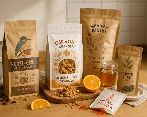 Five custom printed kraft pouch packaging designs; coffee, granola, pasta, paprika and sencha tea—styled in a natural light kitchen.
