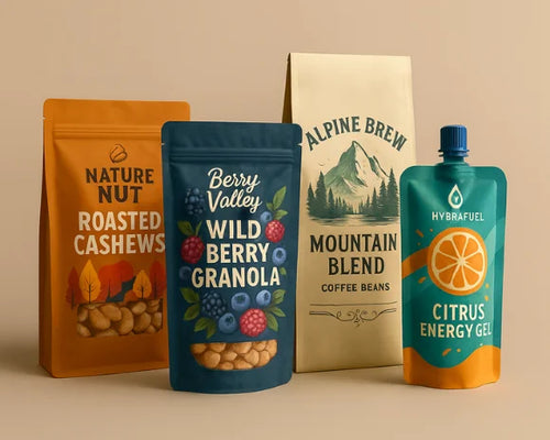 Four food and beverage packages on a beige background