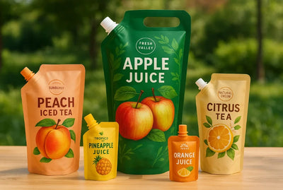 Spout pouches for drinks with stand up designs, a handle spout pouch with tap dispenser, centre and corner spouts, and child-safe cap squeeze packs.