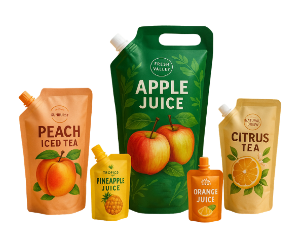 Five colourful spout pouches filled with drinks, including peach iced tea, pineapple juice, apple juice, orange juice, and citrus tea.