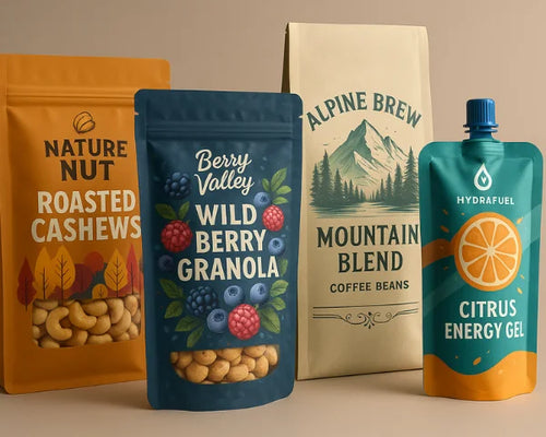Eco-friendly pouch packaging set featuring kraft coffee bag, wild berry granola stand up pouch, roasted cashews pouch and citrus energy gel spout.