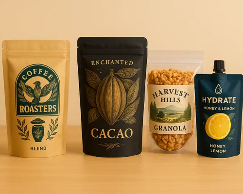 Four eco-friendly pouches on a wooden table: kraft coffee, matte black cacao, clear stand up granola and a honey lemon spout pouch.