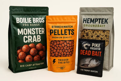 Fishing bait pouch packaging with stand up pouches with zip and clear window, a large side gusset window bag, and a small flat pouch sachet.