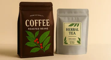 Coffee and herbal tea packages on a beige background