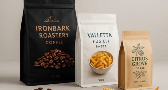 Flat bottom bags with box pouch design, quad seal sides and resealable zips, shown as coffee, pasta and small kraft tea bags.