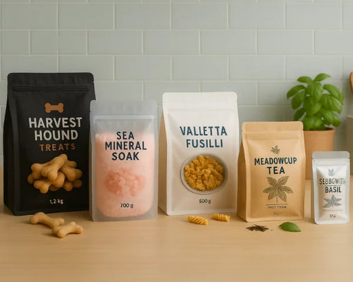 Custom printed flat bottom pouches (block-bottom, gusseted) with resealable zips in kraft, matte and frosted finishes, packaging for food and household goods on a tiled kitchen backgroun.