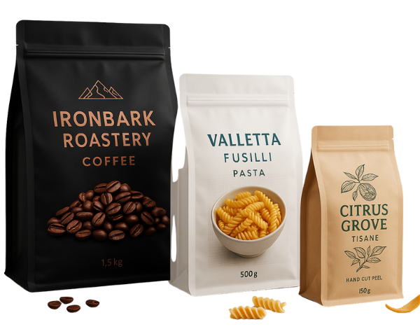 Custom printed flat bottom pouches (box-bottom, block-bottom, quad-seal) with resealable zip closures for coffee, pasta and tea, matte black, white and kraft finishes.