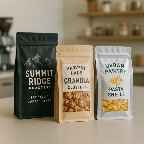 Three flat bottom food pouch packaging for coffee, granola and pasta on a modern kitchen counter
