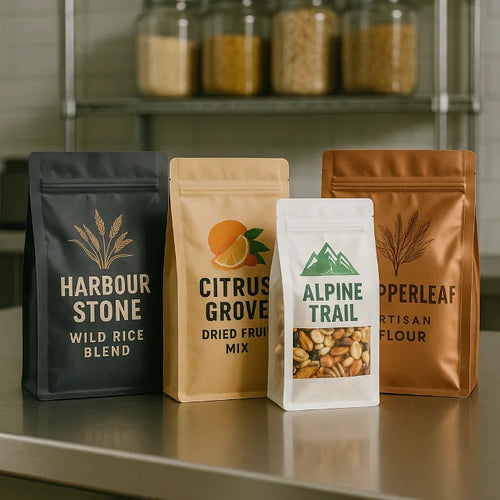 Branded flat bottom pouches in mixed sizes for wild rice, dried fruit, trail mix and artisan flour in a commercial kitchen.