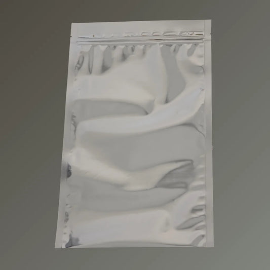 Foil 3 side seal resealable open bottom flat pouch with a shiny metallic finish, displayed against a neutral background.
