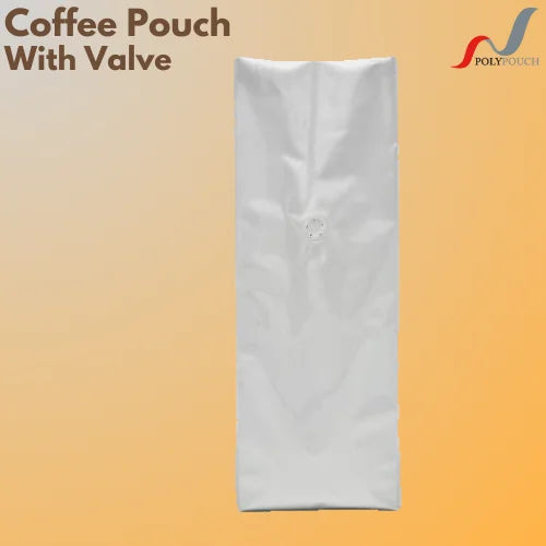 A foil/aluminium coffee pouch with a side gusset and a degassing valve.