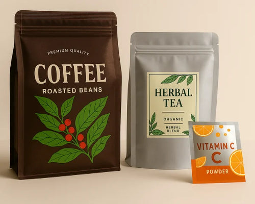 Custom printed foil pouches including a flat bottom pouch, a stand up pouch with resealable zip and gusset base, and a foil sachet.