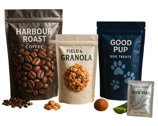 Custom printed foil pouch packaging with three stand up pouches and one foil sachet, all with resealable zips and gusset bases in matte silver, ivory and navy finishes.