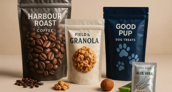 Foil pouches with stand up zip pouches, a side gusset coffee pouch and a small foil sample sachet for high barrier packaging.