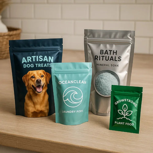 Custom printed metallic stand up and sachet pouches for dog treats, laundry pods, mineral soak and plant food on a wooden kitchen counter.