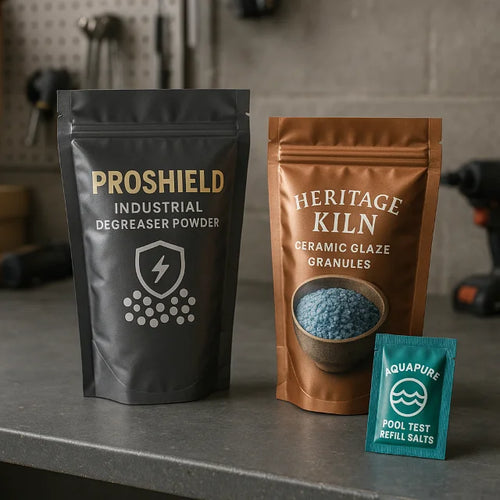 Custom printed metallic stand up pouches and sachet for industrial degreaser, ceramic glaze granules and pool test salts on a workshop bench.