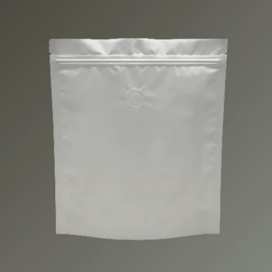 Foil aluminium stand up coffee pouch with valve and resealable top, displayed against a grey background.