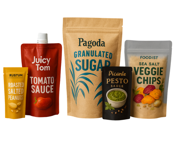 Assorted food pouch packaging including stand up pouches and spout pouches for peanuts, tomato sauce, granulated sugar, pesto sauce, and veggie chips.