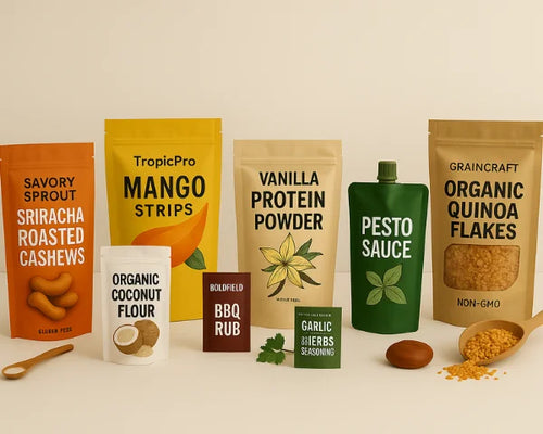 Custom printed pouch packaging including stand up pouches and spout pouches with unique branding designs displayed on a beige background.