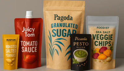 Food pouch packaging with spout pouch for sauces, kraft stand up pouch with resealable zip, clear window stand up snack pouch, and small flat sachets.