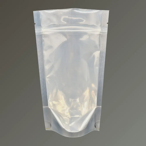 Gold back clear front resealable stand up pouch shown upright