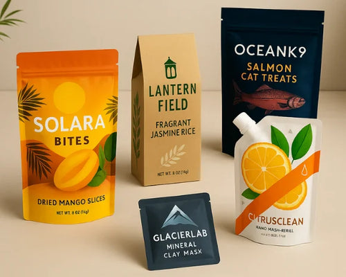 Collection of various product packages including Solara Bites, Lantern Field rice, Oceank9 cat treats, GlacierLab clay mask, and Churusclean hand wash on a beige background.
