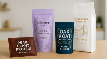 Assorted health and wellness products including a bag of Saltmere Spa Epsom Salt, a package of Peak Plant Protein, a bag of Redbriide Coffee, and a bag of Oak & Oat Granola on a wooden surface.