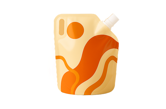 Squeeze bottle with orange and beige abstract design on a white background