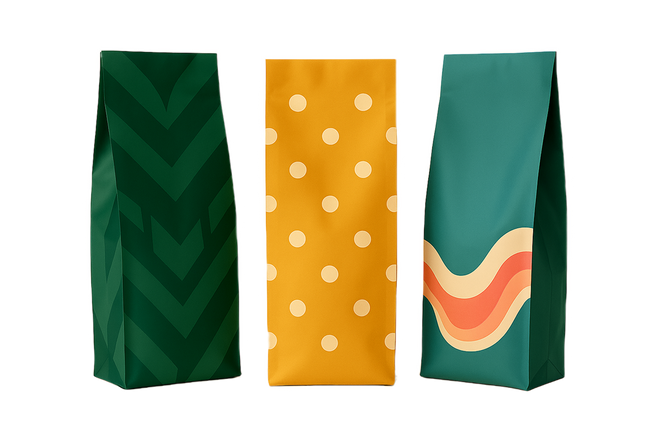 Three colorful coffee bags with geometric patterns on a white background