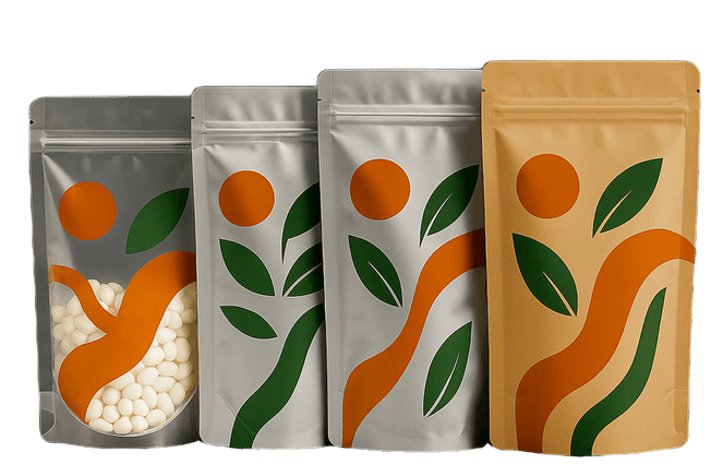 Four packaging bags with orange and green designs on a black background
