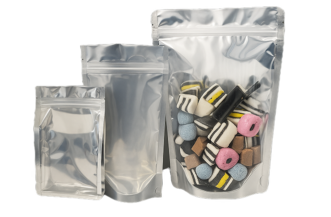 Silver stand-up pouches with colorful candies on a white background