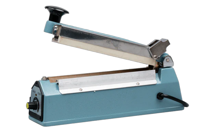 Blue and silver sealing machine on a white background