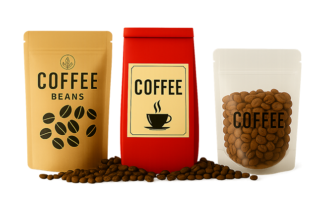 Three coffee packages with labels and coffee beans on a white background