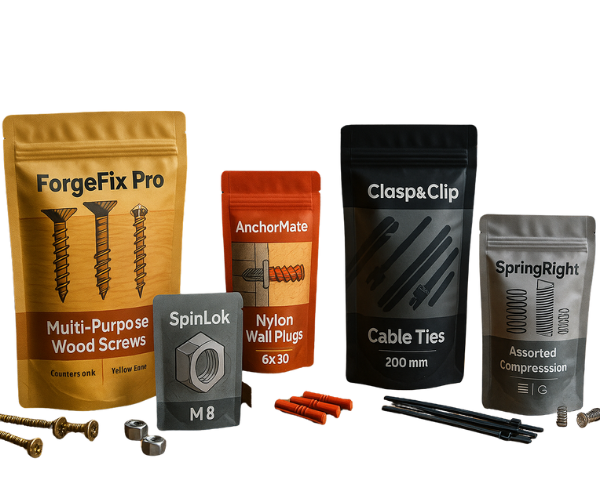 Custom printed pouch packaging for hardware, showing stand up and flat formats for screws, wall plugs, cable ties and springs.