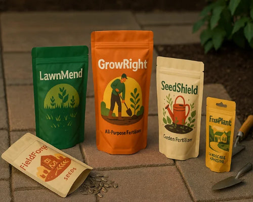 Custom printed gardening pouch packaging on a patio, with stand up, hang tab and flat pouches for seeds, fertiliser, lawn repair and plant feed.