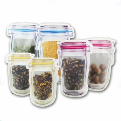 2 of each small, medium and large jar shaped stand up pouches filled with product.