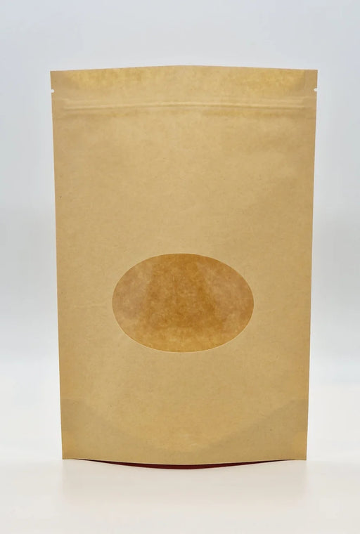 A kraft stand up pouch with a circular window and grip seal that can be customised.