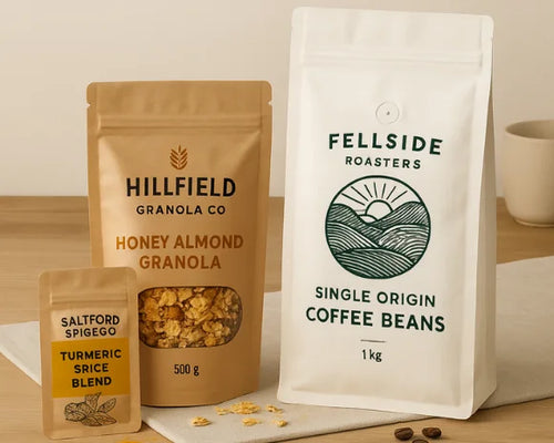 Three packages of food and coffee on a wooden surface with a neutral background