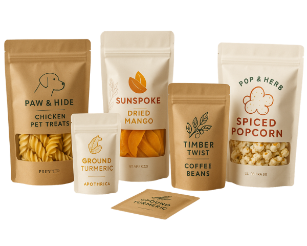 Custom printed kraft pouch packaging for food with six resealable kraft and white stand up pouches, including clear window styles, plus one flat kraft sachet.