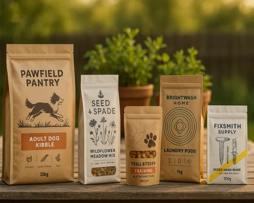 Five custom printed kraft pouch packaging on a weathered garden table, dog food, wildflower seeds, laundry pods, soy wax melts, training treats and mixed hardware—shot in warm evening light.