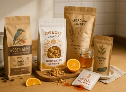 Various food products including coffee, granola, pasta, and spices on a wooden table.