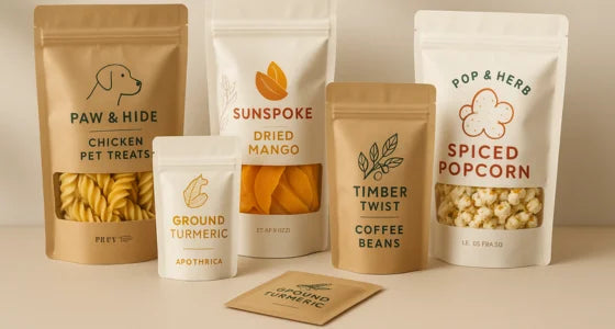 Kraft pouches with stand up resealable zip, kraft window pouches, plain kraft doypacks and a flat sample sachet for food pouch packaging.