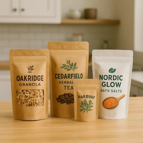 Brown and white kraft stand up pouches with window for granola, herbal tea, herbs and bath salts on a wooden kitchen counter.