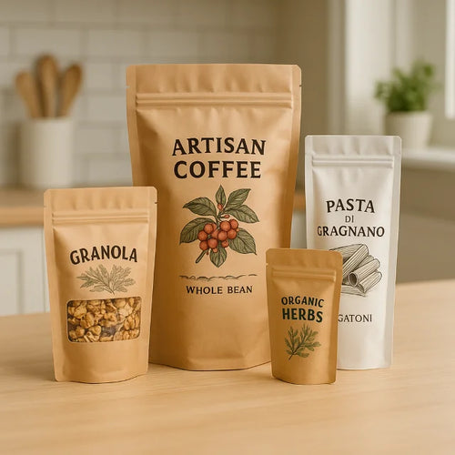 Kraft pouch packaging for artisan coffee, granola with window, pasta and organic herbs on a wooden kitchen counter.