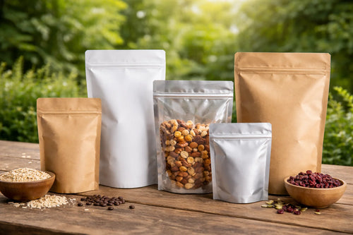 Plain stock pouches in mixed materials arranged on a wooden surface.