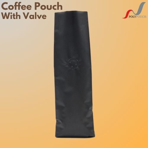 Front view of a black open top coffee pouch with a side gusset and degassing valve.