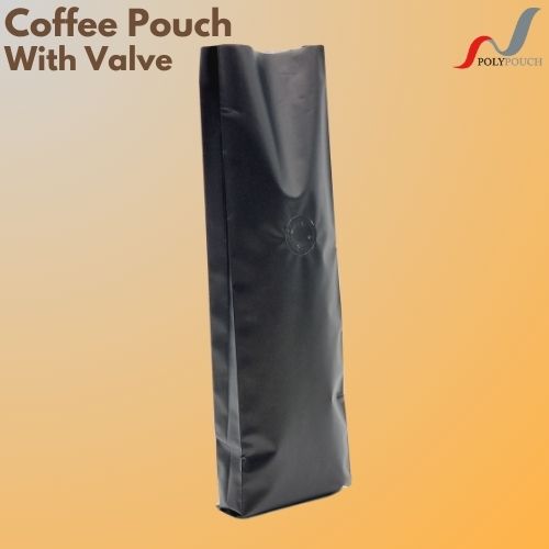 A black open top with a side gusset and degassing valve coffee pouch from the side.