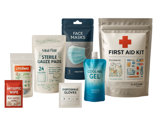 A varied collection of custom-printed pouches in different sizes and types, showcasing diverse branding, graphics, and text on each package, ideal for a custom printing.