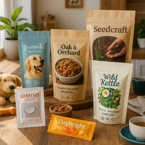 Custom printed non-resealable open top pouch packaging for granola, tea, skincare and vitamins displayed on a wooden kitchen counter.