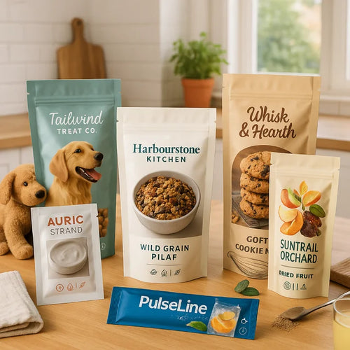 Tailwind Treat Co, Harbourstone Kitchen and Suntrail Orchard products in custom printed non-resealable open top pouches for dog treats, grain pilaf, cookie mix, dried fruit and hair mask sachet.